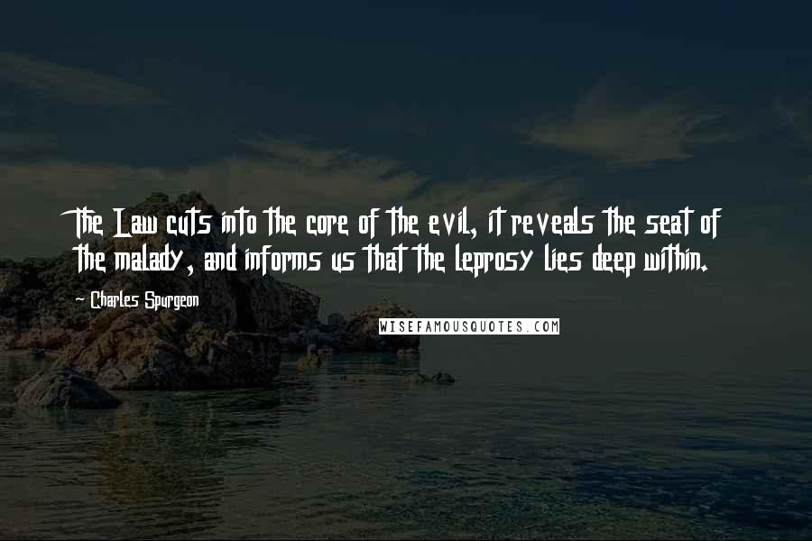 Charles Spurgeon Quotes: The Law cuts into the core of the evil, it reveals the seat of the malady, and informs us that the leprosy lies deep within.