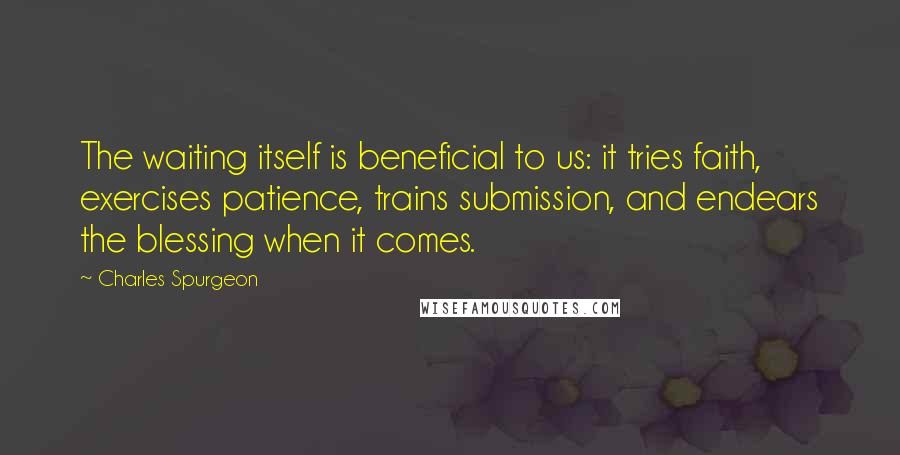 Charles Spurgeon Quotes: The waiting itself is beneficial to us: it tries faith, exercises patience, trains submission, and endears the blessing when it comes.