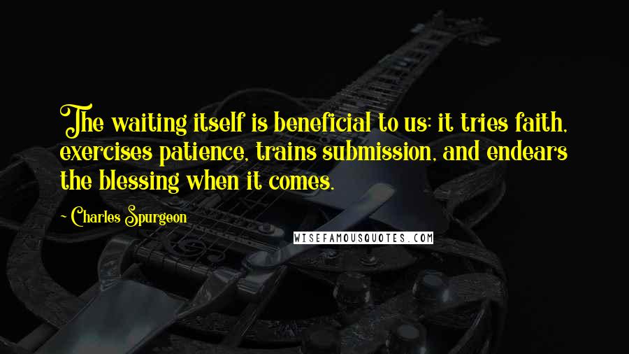 Charles Spurgeon Quotes: The waiting itself is beneficial to us: it tries faith, exercises patience, trains submission, and endears the blessing when it comes.