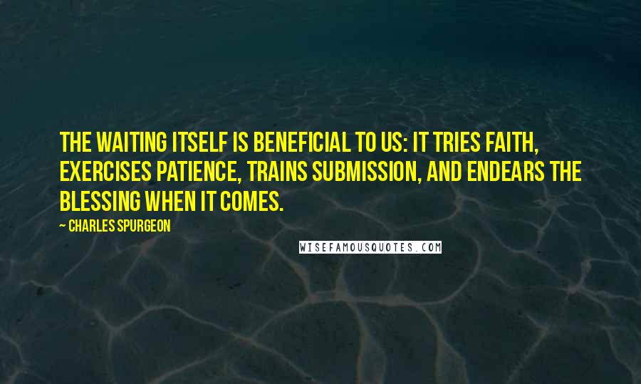 Charles Spurgeon Quotes: The waiting itself is beneficial to us: it tries faith, exercises patience, trains submission, and endears the blessing when it comes.