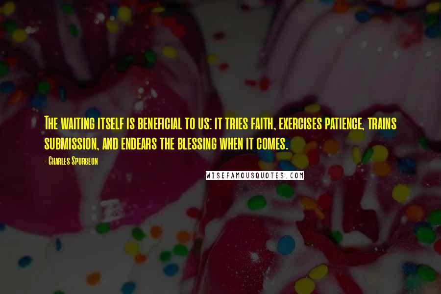 Charles Spurgeon Quotes: The waiting itself is beneficial to us: it tries faith, exercises patience, trains submission, and endears the blessing when it comes.