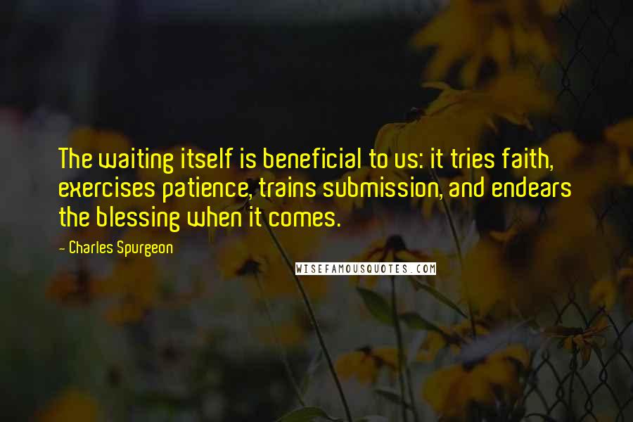 Charles Spurgeon Quotes: The waiting itself is beneficial to us: it tries faith, exercises patience, trains submission, and endears the blessing when it comes.