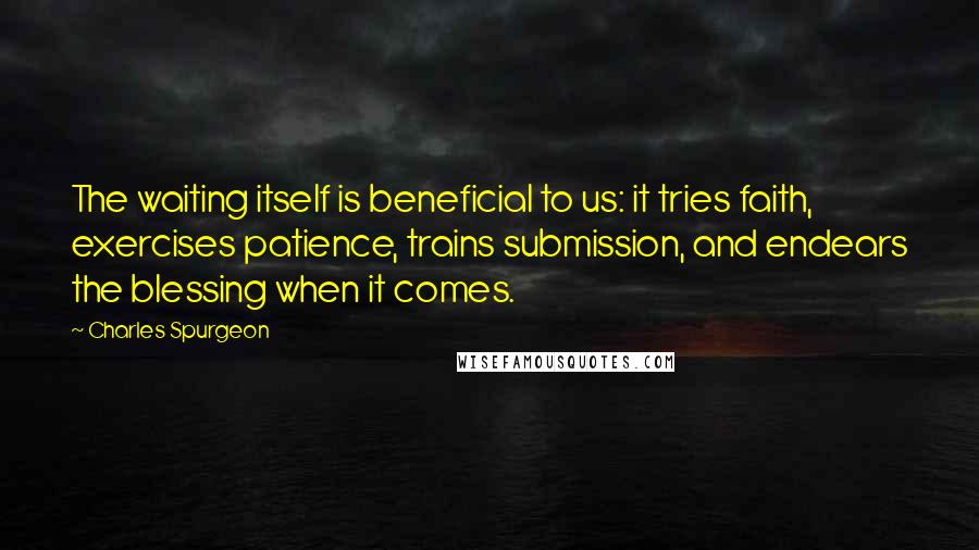 Charles Spurgeon Quotes: The waiting itself is beneficial to us: it tries faith, exercises patience, trains submission, and endears the blessing when it comes.