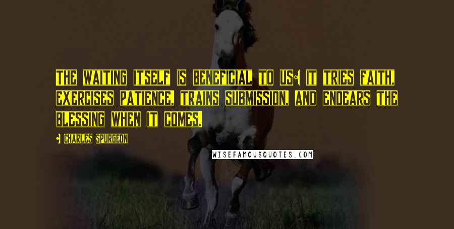 Charles Spurgeon Quotes: The waiting itself is beneficial to us: it tries faith, exercises patience, trains submission, and endears the blessing when it comes.