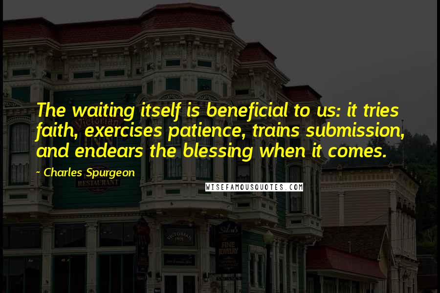 Charles Spurgeon Quotes: The waiting itself is beneficial to us: it tries faith, exercises patience, trains submission, and endears the blessing when it comes.