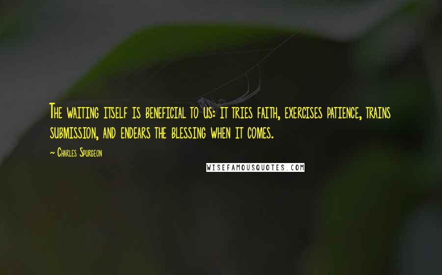 Charles Spurgeon Quotes: The waiting itself is beneficial to us: it tries faith, exercises patience, trains submission, and endears the blessing when it comes.