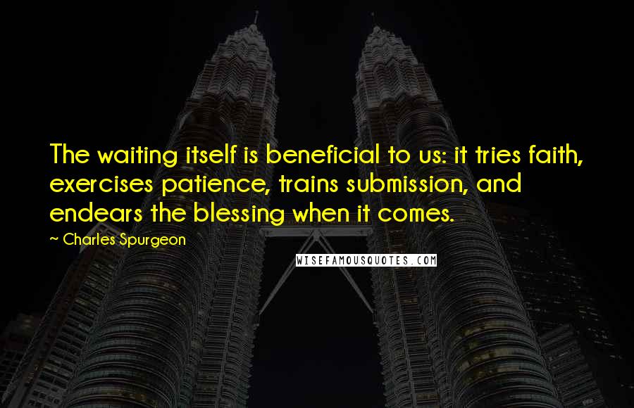 Charles Spurgeon Quotes: The waiting itself is beneficial to us: it tries faith, exercises patience, trains submission, and endears the blessing when it comes.