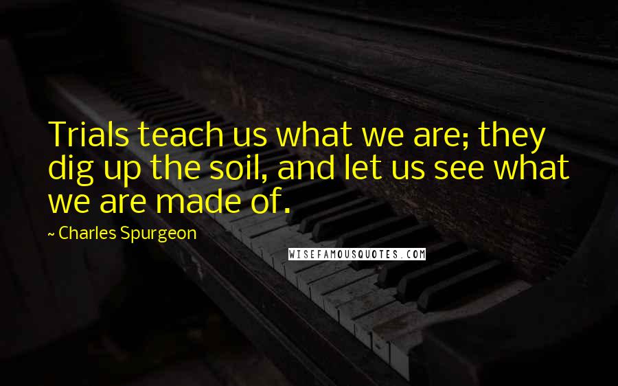 Charles Spurgeon Quotes: Trials teach us what we are; they dig up the soil, and let us see what we are made of.