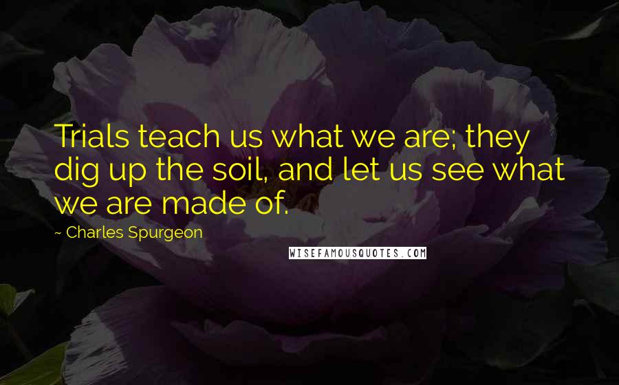 Charles Spurgeon Quotes: Trials teach us what we are; they dig up the soil, and let us see what we are made of.