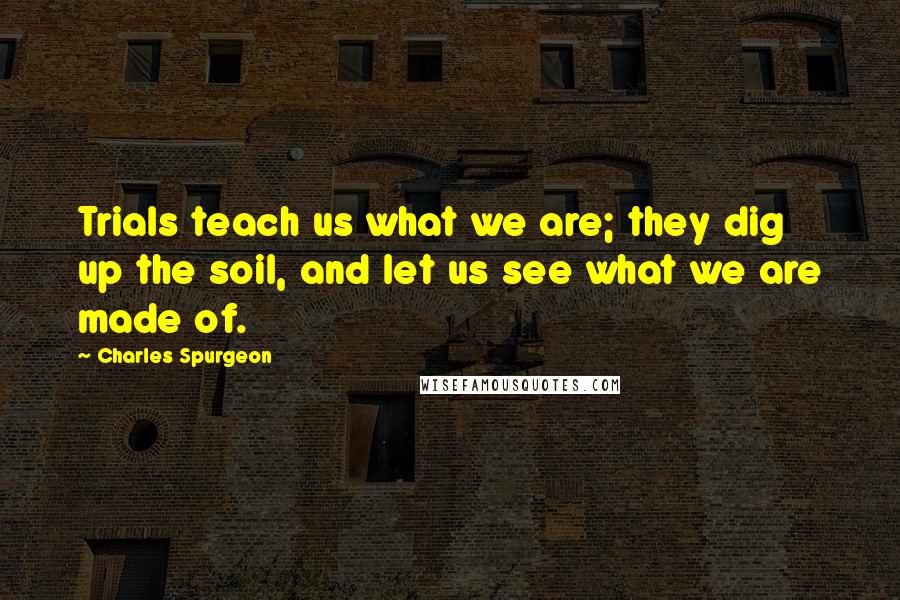 Charles Spurgeon Quotes: Trials teach us what we are; they dig up the soil, and let us see what we are made of.