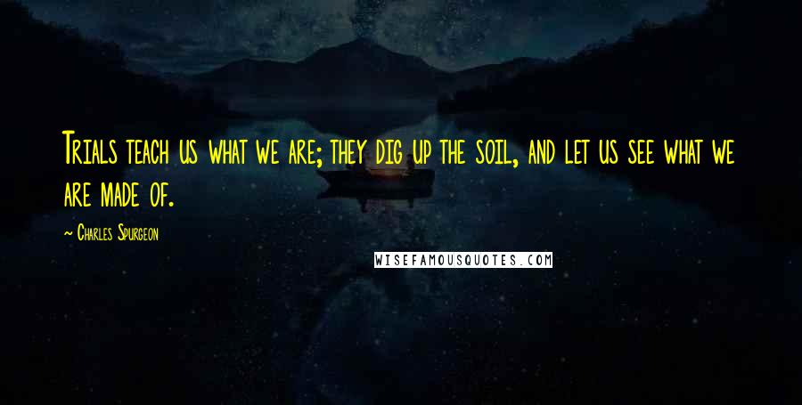 Charles Spurgeon Quotes: Trials teach us what we are; they dig up the soil, and let us see what we are made of.