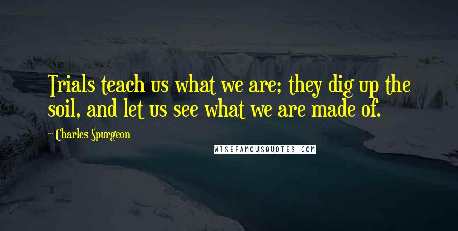 Charles Spurgeon Quotes: Trials teach us what we are; they dig up the soil, and let us see what we are made of.