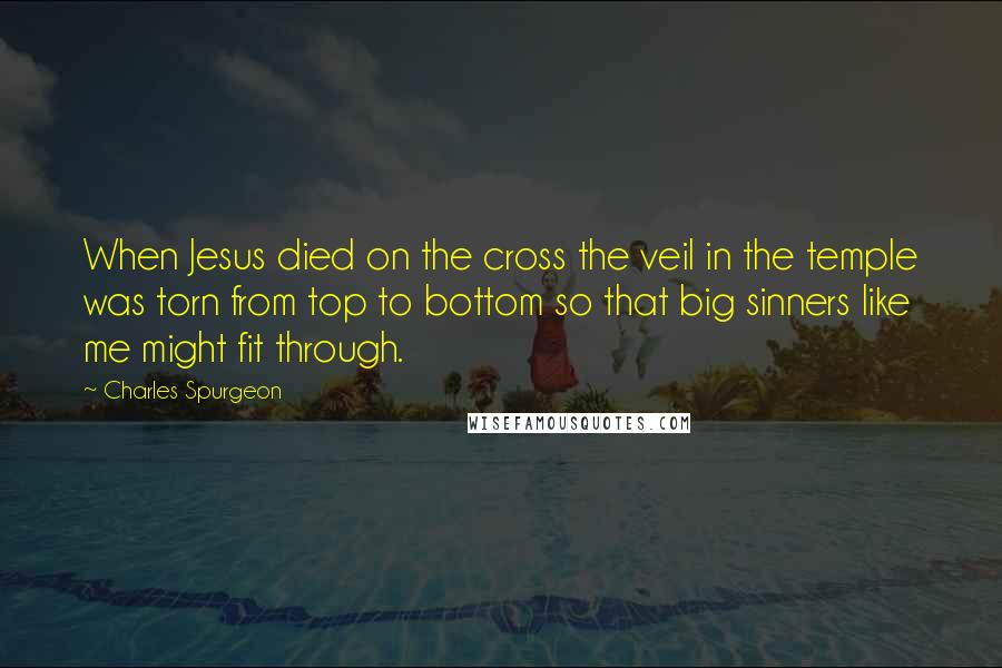 Charles Spurgeon Quotes: When Jesus died on the cross the veil in the temple was torn from top to bottom so that big sinners like me might fit through.
