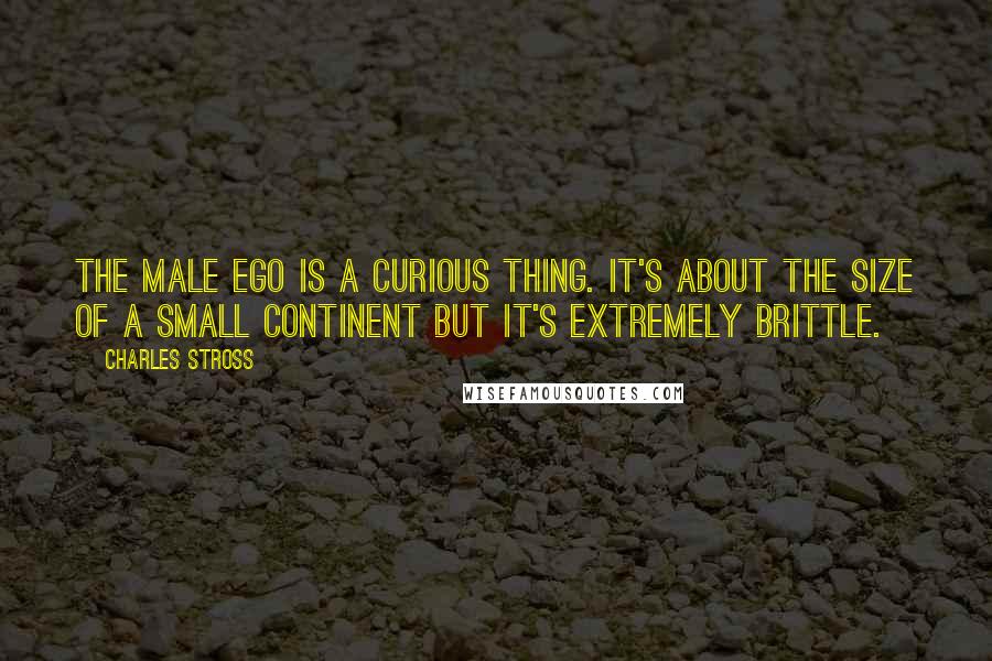 Charles Stross Quotes: The male ego is a curious thing. It's about the size of a small continent but it's extremely brittle.
