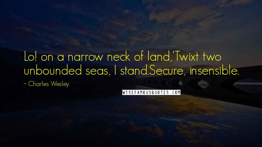 Charles Wesley Quotes: Lo! on a narrow neck of land,'Twixt two unbounded seas, I stand.Secure, insensible.