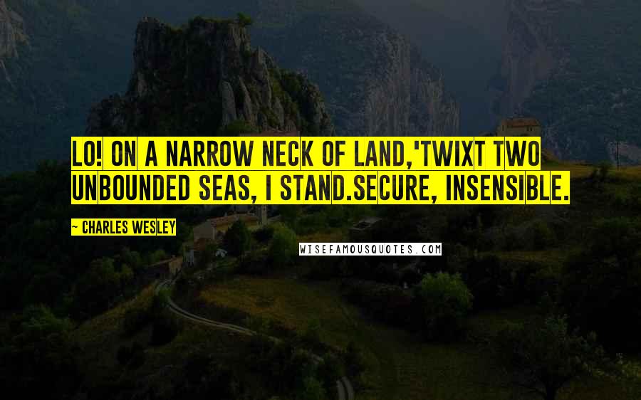 Charles Wesley Quotes: Lo! on a narrow neck of land,'Twixt two unbounded seas, I stand.Secure, insensible.