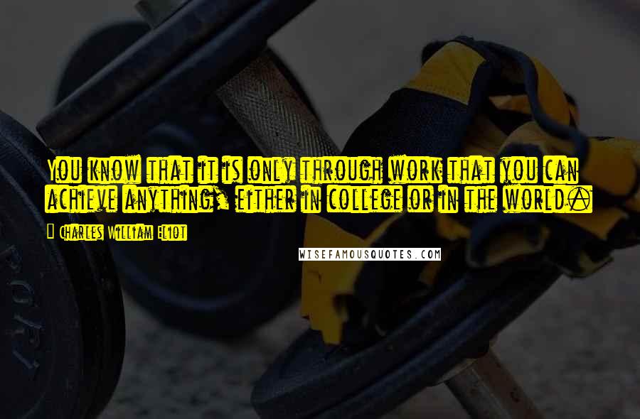 Charles William Eliot Quotes: You know that it is only through work that you can achieve anything, either in college or in the world.