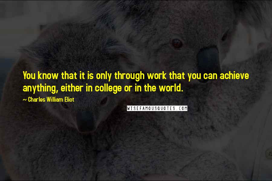 Charles William Eliot Quotes: You know that it is only through work that you can achieve anything, either in college or in the world.