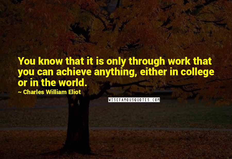 Charles William Eliot Quotes: You know that it is only through work that you can achieve anything, either in college or in the world.