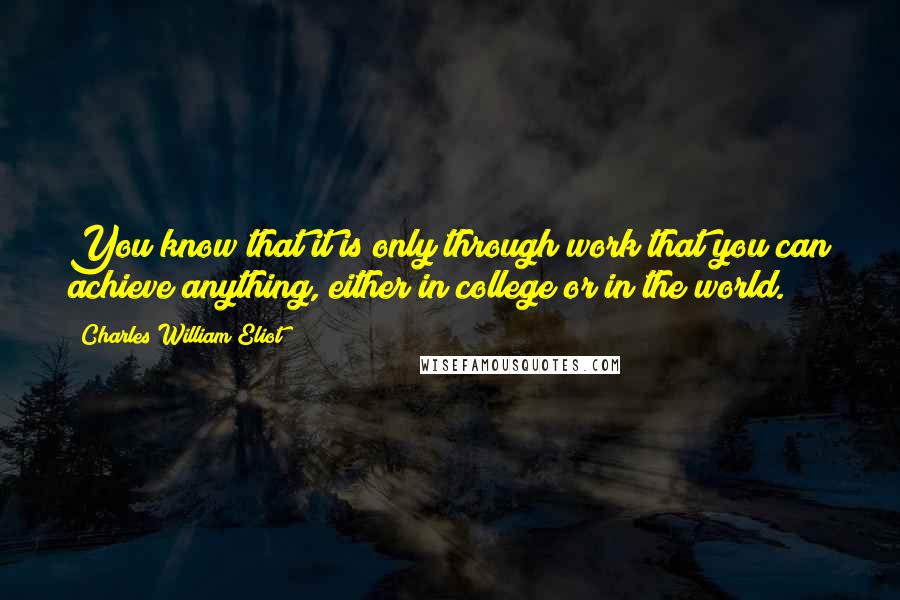 Charles William Eliot Quotes: You know that it is only through work that you can achieve anything, either in college or in the world.