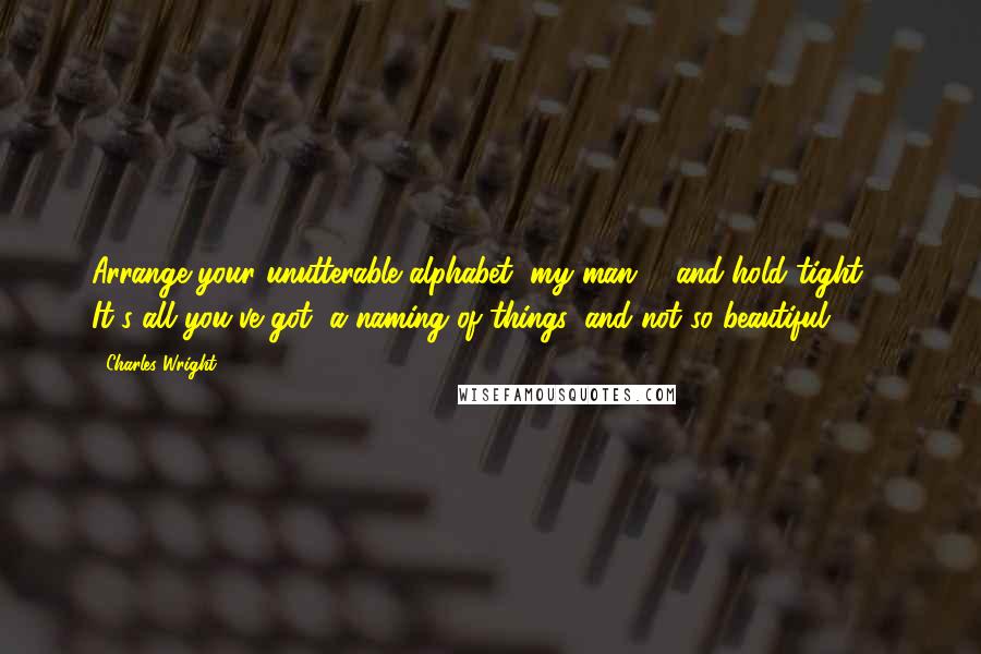 Charles Wright Quotes: Arrange your unutterable alphabet, my man, / and hold tight. / It's all you've got, a naming of things, and not so beautiful.