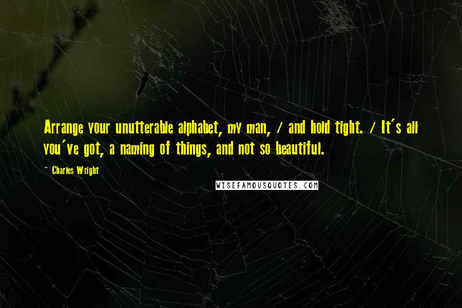 Charles Wright Quotes: Arrange your unutterable alphabet, my man, / and hold tight. / It's all you've got, a naming of things, and not so beautiful.