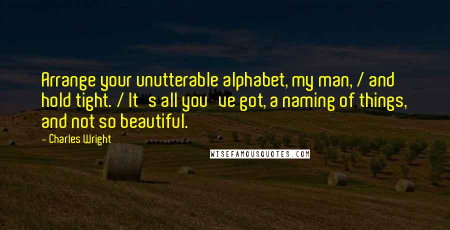 Charles Wright Quotes: Arrange your unutterable alphabet, my man, / and hold tight. / It's all you've got, a naming of things, and not so beautiful.