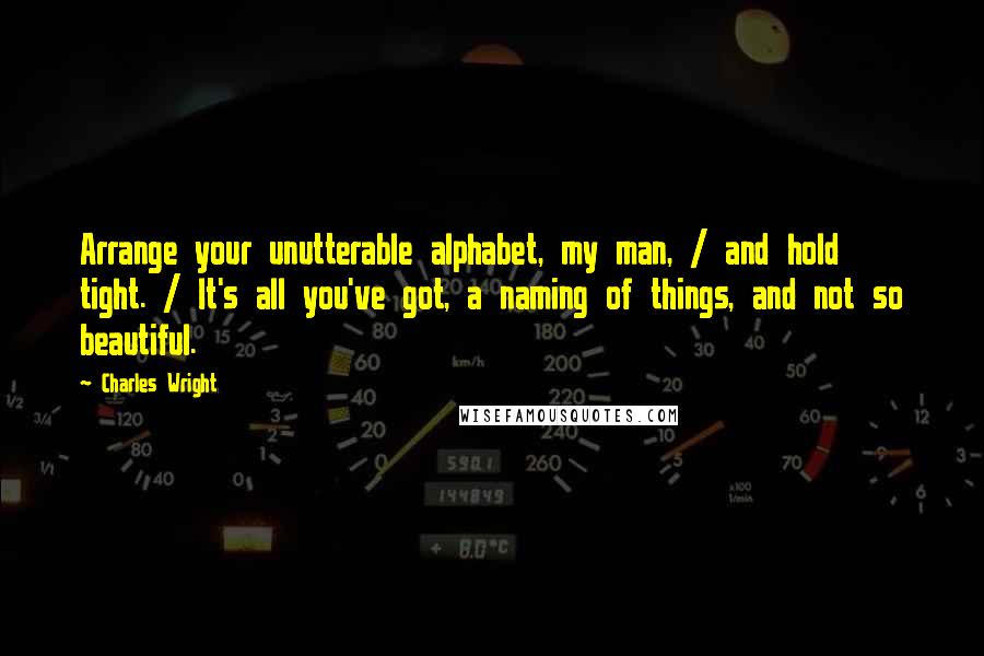 Charles Wright Quotes: Arrange your unutterable alphabet, my man, / and hold tight. / It's all you've got, a naming of things, and not so beautiful.