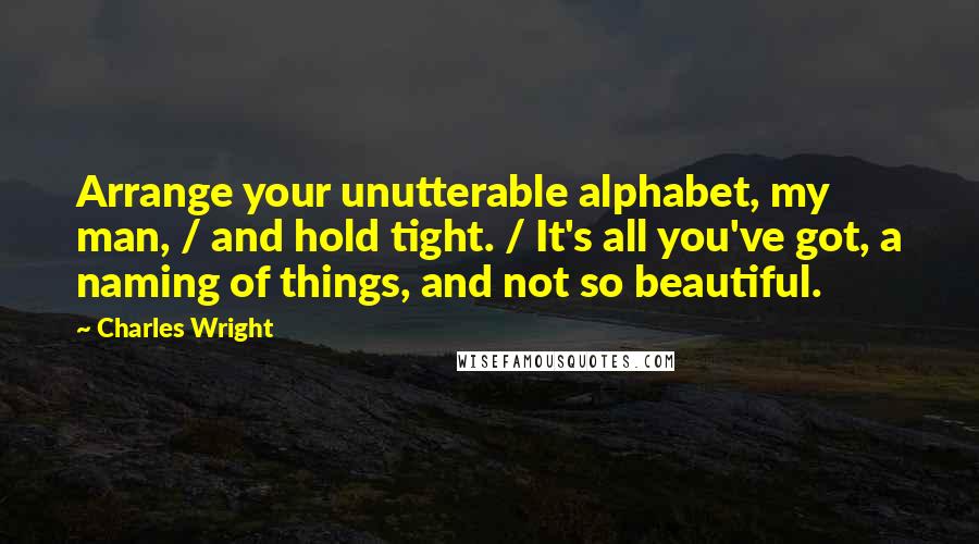 Charles Wright Quotes: Arrange your unutterable alphabet, my man, / and hold tight. / It's all you've got, a naming of things, and not so beautiful.