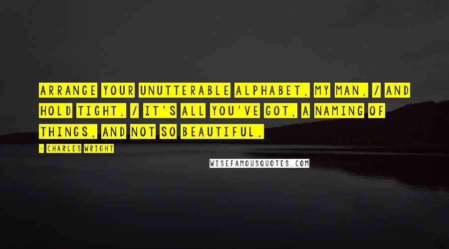 Charles Wright Quotes: Arrange your unutterable alphabet, my man, / and hold tight. / It's all you've got, a naming of things, and not so beautiful.