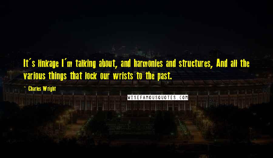 Charles Wright Quotes: It's linkage I'm talking about, and harmonies and structures, And all the various things that lock our wrists to the past.