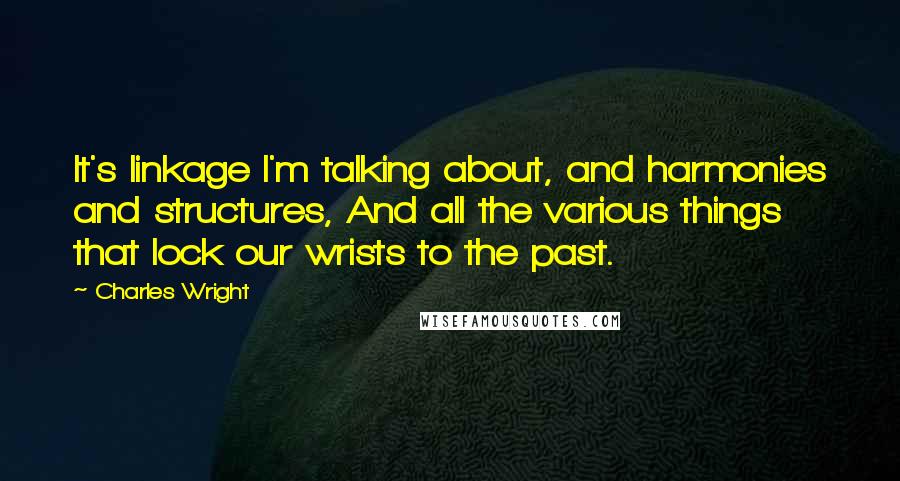 Charles Wright Quotes: It's linkage I'm talking about, and harmonies and structures, And all the various things that lock our wrists to the past.