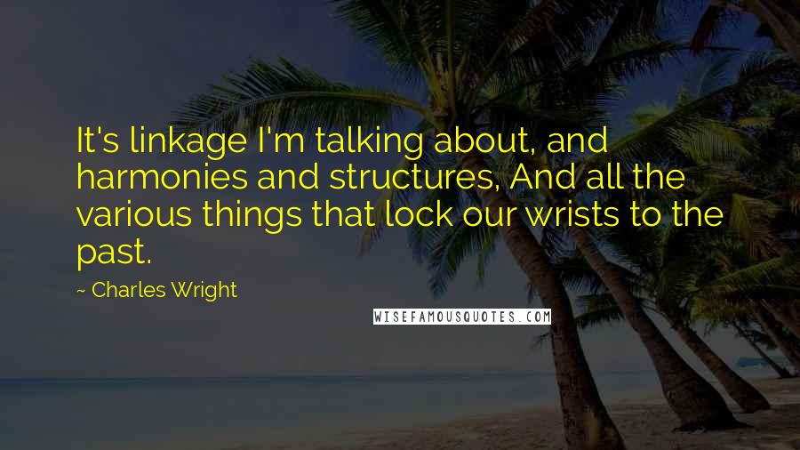 Charles Wright Quotes: It's linkage I'm talking about, and harmonies and structures, And all the various things that lock our wrists to the past.