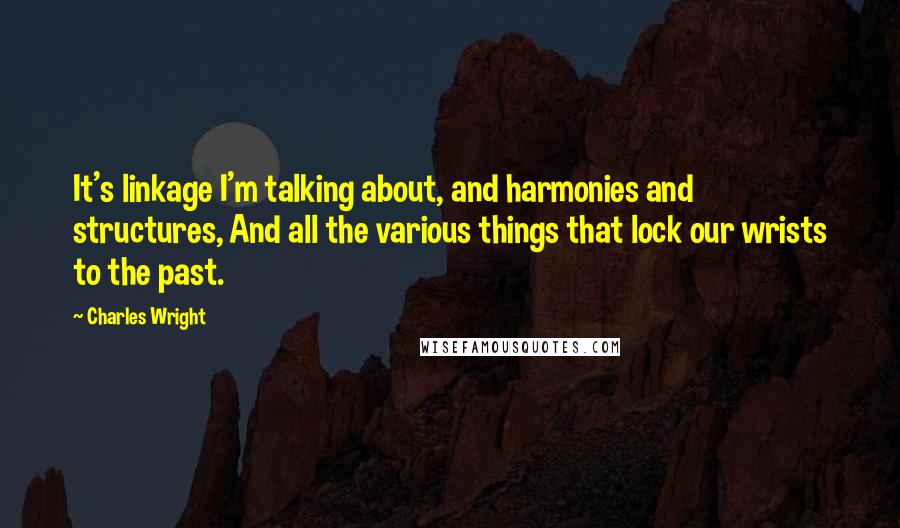 Charles Wright Quotes: It's linkage I'm talking about, and harmonies and structures, And all the various things that lock our wrists to the past.