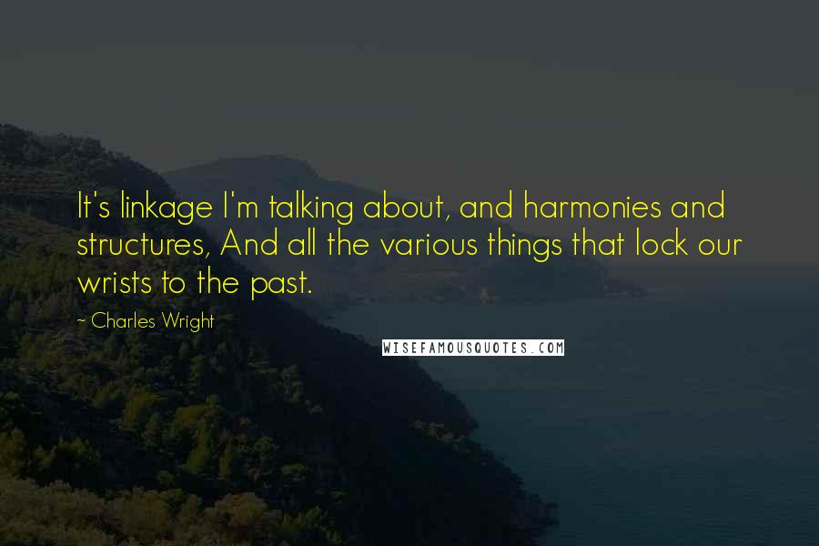 Charles Wright Quotes: It's linkage I'm talking about, and harmonies and structures, And all the various things that lock our wrists to the past.