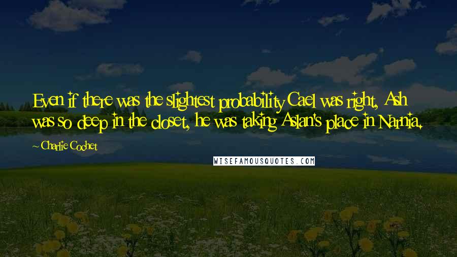 Charlie Cochet Quotes: Even if there was the slightest probability Cael was right, Ash was so deep in the closet, he was taking Aslan's place in Narnia.