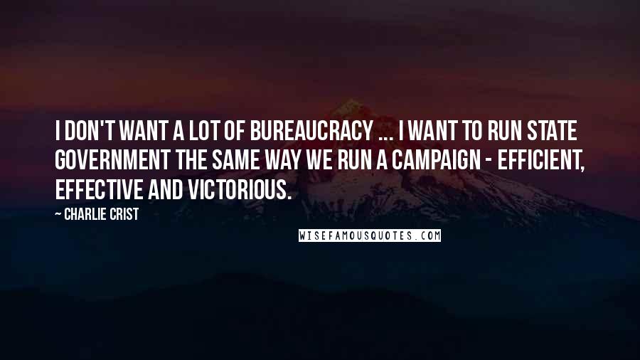 Charlie Crist Quotes: I don't want a lot of bureaucracy ... I want to run state government the same way we run a campaign - efficient, effective and victorious.