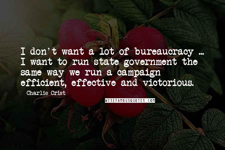 Charlie Crist Quotes: I don't want a lot of bureaucracy ... I want to run state government the same way we run a campaign - efficient, effective and victorious.