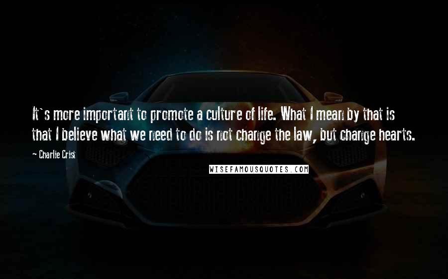 Charlie Crist Quotes: It's more important to promote a culture of life. What I mean by that is that I believe what we need to do is not change the law, but change hearts.