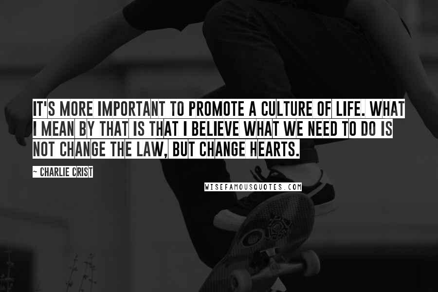 Charlie Crist Quotes: It's more important to promote a culture of life. What I mean by that is that I believe what we need to do is not change the law, but change hearts.