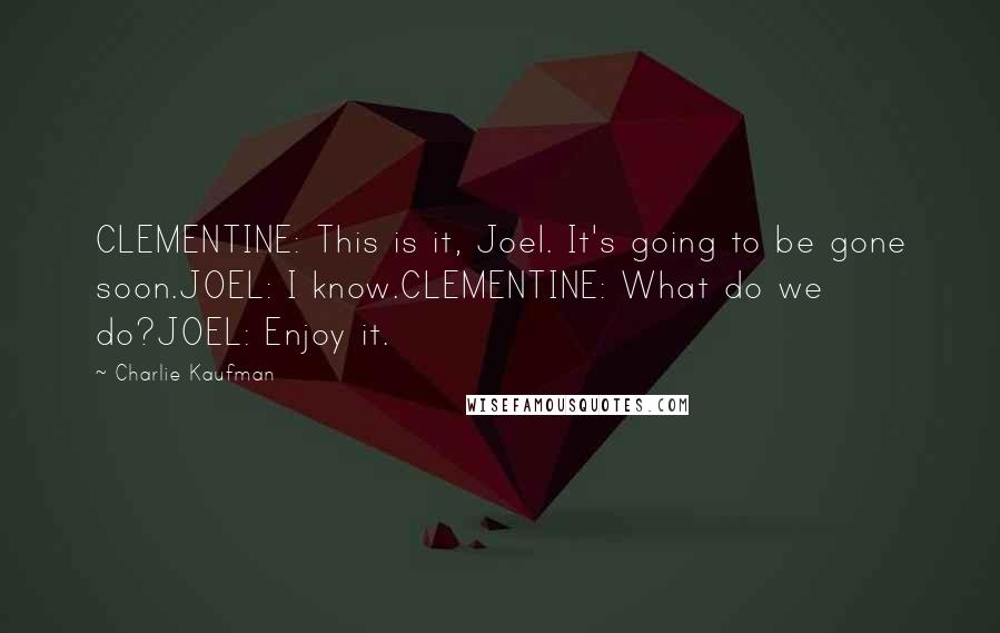 Charlie Kaufman Quotes: CLEMENTINE: This is it, Joel. It's going to be gone soon.JOEL: I know.CLEMENTINE: What do we do?JOEL: Enjoy it.