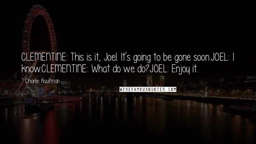 Charlie Kaufman Quotes: CLEMENTINE: This is it, Joel. It's going to be gone soon.JOEL: I know.CLEMENTINE: What do we do?JOEL: Enjoy it.