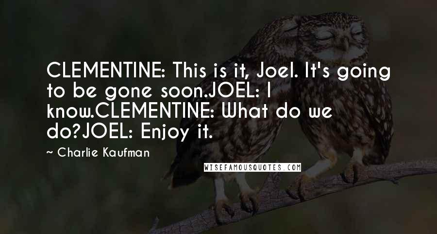 Charlie Kaufman Quotes: CLEMENTINE: This is it, Joel. It's going to be gone soon.JOEL: I know.CLEMENTINE: What do we do?JOEL: Enjoy it.