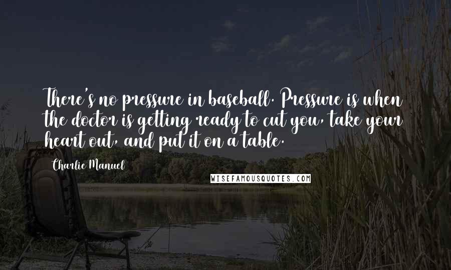 Charlie Manuel Quotes: There's no pressure in baseball. Pressure is when the doctor is getting ready to cut you, take your heart out, and put it on a table.