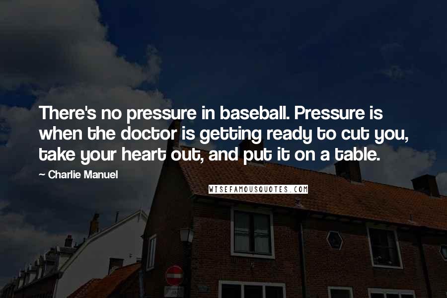 Charlie Manuel Quotes: There's no pressure in baseball. Pressure is when the doctor is getting ready to cut you, take your heart out, and put it on a table.