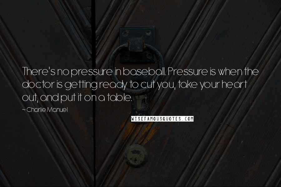 Charlie Manuel Quotes: There's no pressure in baseball. Pressure is when the doctor is getting ready to cut you, take your heart out, and put it on a table.