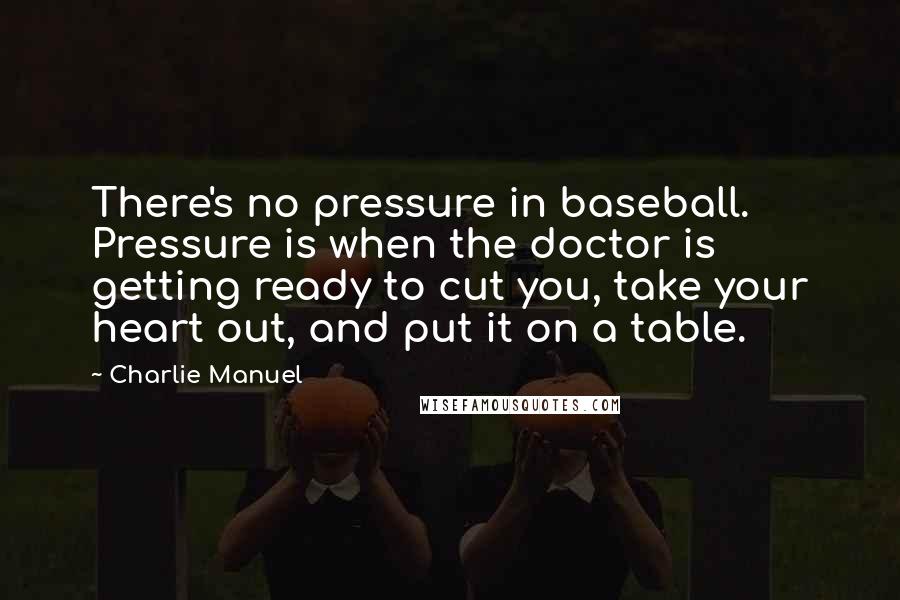 Charlie Manuel Quotes: There's no pressure in baseball. Pressure is when the doctor is getting ready to cut you, take your heart out, and put it on a table.