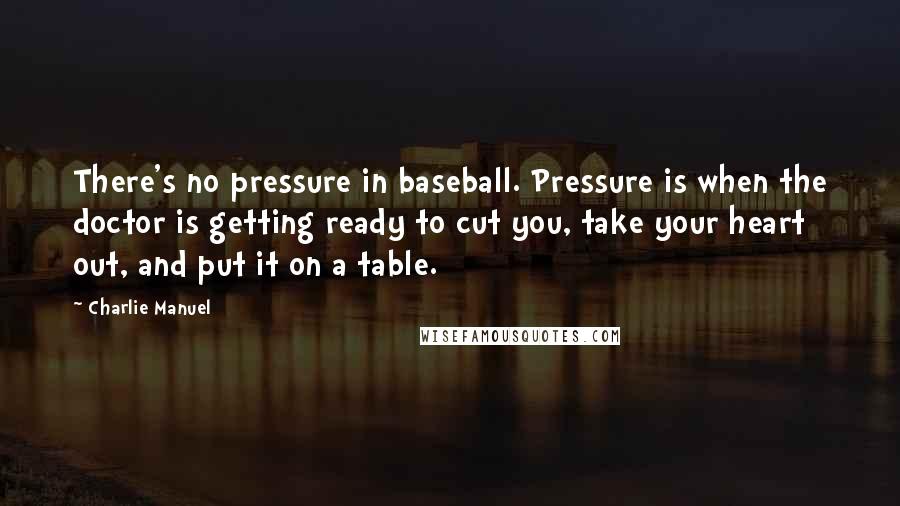 Charlie Manuel Quotes: There's no pressure in baseball. Pressure is when the doctor is getting ready to cut you, take your heart out, and put it on a table.