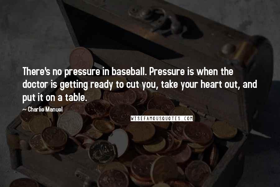 Charlie Manuel Quotes: There's no pressure in baseball. Pressure is when the doctor is getting ready to cut you, take your heart out, and put it on a table.
