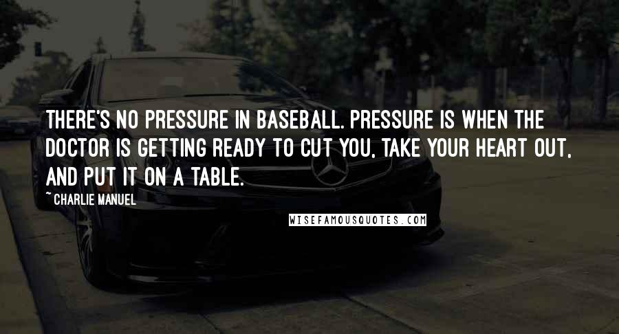 Charlie Manuel Quotes: There's no pressure in baseball. Pressure is when the doctor is getting ready to cut you, take your heart out, and put it on a table.